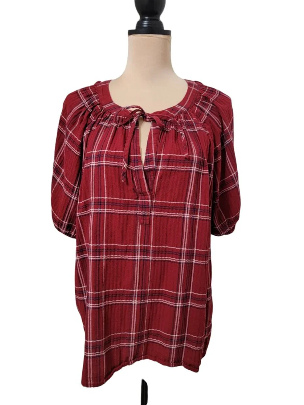 Loft Size XL Burgundy , White and Blue Plaid Split Neck Puffed Sleeve Blouse